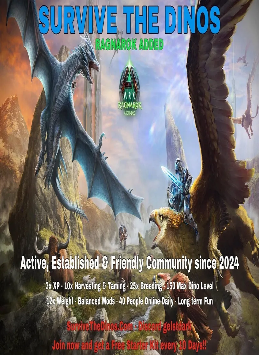 Serverbeschreibungs Banner von SurviveTheDinos.com 3xXP/10xH/10xT/25xB Ragnarok